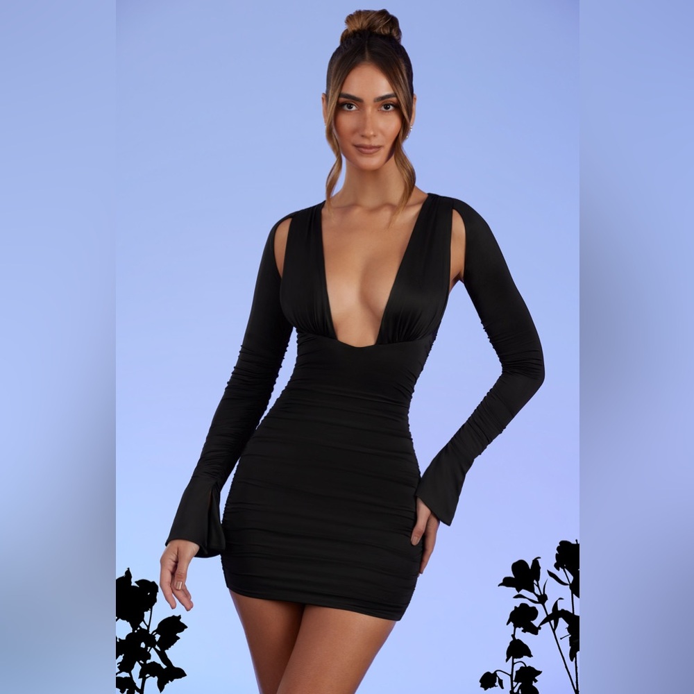 Oh Polly Low Plunge Ruched Mini Dress in Black